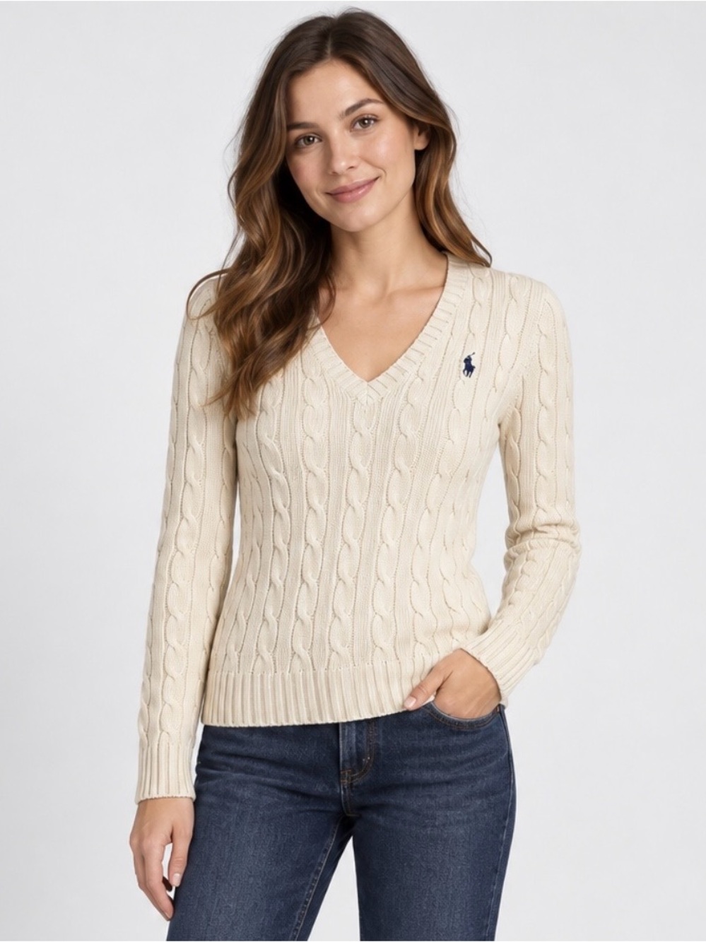 Polo Ralph Lauren Women’s Cable Knit V-Neck Sweater Ivory 100% Cotton Preppy